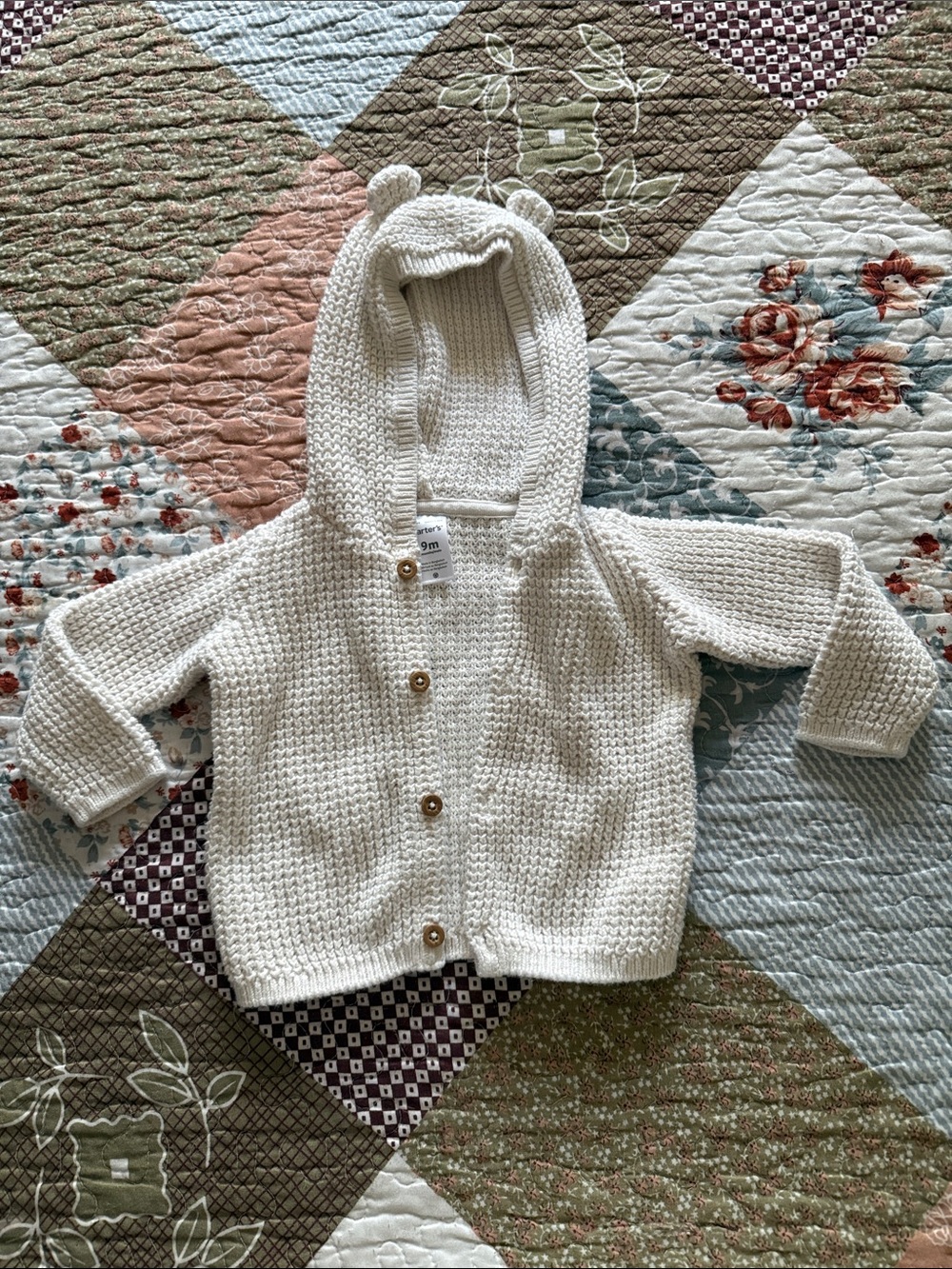 Carter's Cream Knit Hooded Cardigan with Ear Detail size 9 months